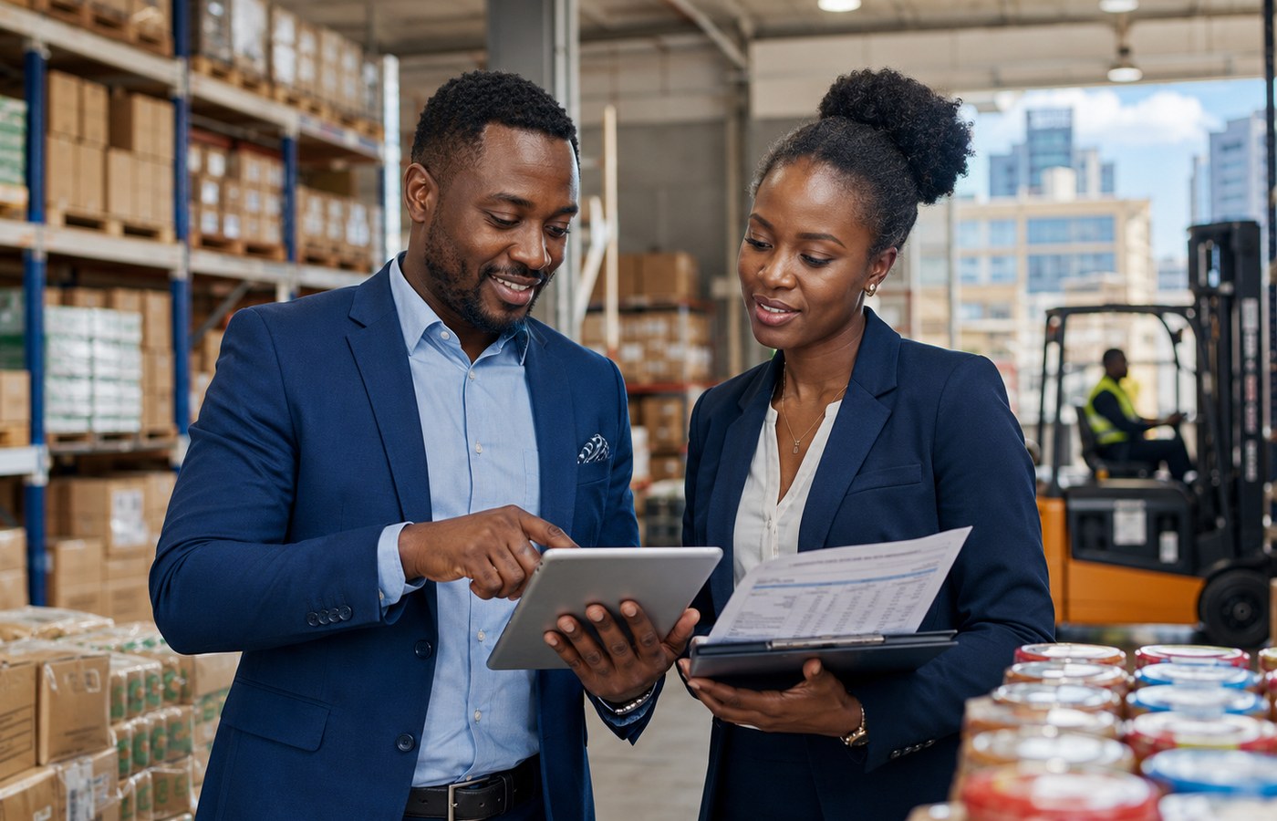 Finance professionals reviewing SME trading records in a warehouse